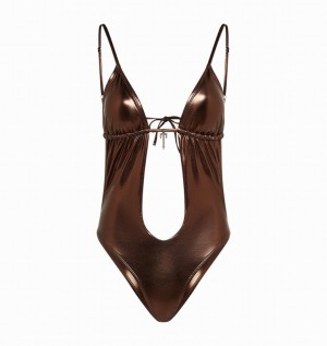 Women's Trapstar Metallic Cutout One Piece Swimsuits Brown | USA-872943