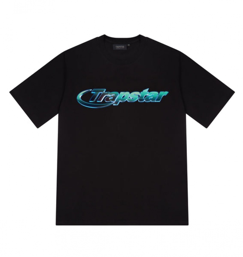 Men\'s Trapstar Hyperdrive Chrome T Shirts Black / Turquoise | USA-628314