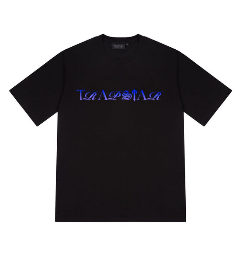 Men\'s Trapstar Script Fade T Shirts Black / Blue | USA-296345