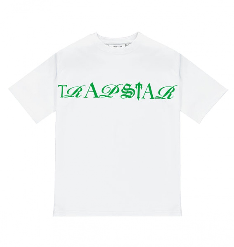 Men\'s Trapstar Script T Shirts White / Green | USA-879465