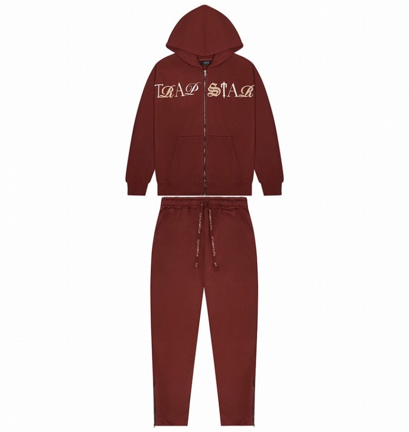 Men\'s Trapstar Script Zip Through Tracksuits Burgundy | USA-789423