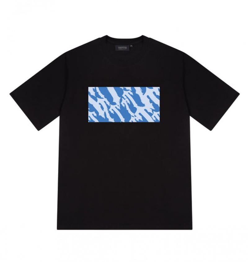 Men\'s Trapstar Wavy T Box T Shirts Black / Blue | USA-239146