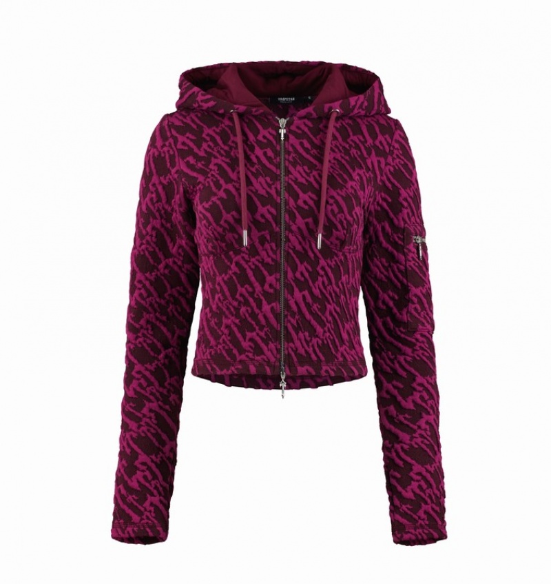 Women\'s Trapstar Jacquard Fitted Zip Hoodie Burgundy Pink | USA-963752