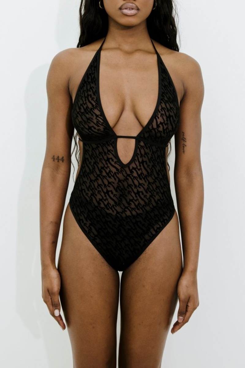 Women's Trapstar Jacquard Mesh Halterneck Bodysuit Black | USA-741250