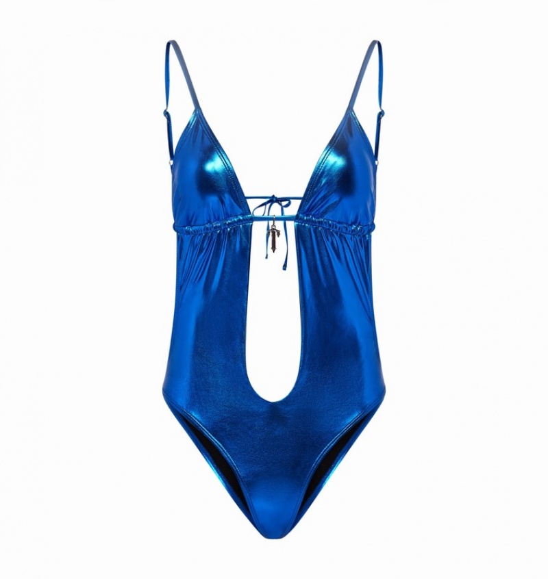 Women\'s Trapstar Metallic Cutout One Piece Swimsuits Blue | USA-612875