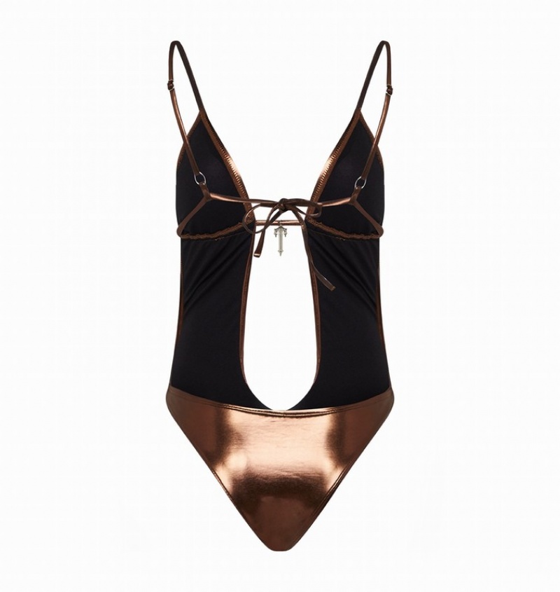 Women's Trapstar Metallic Cutout One Piece Swimsuits Brown | USA-872943