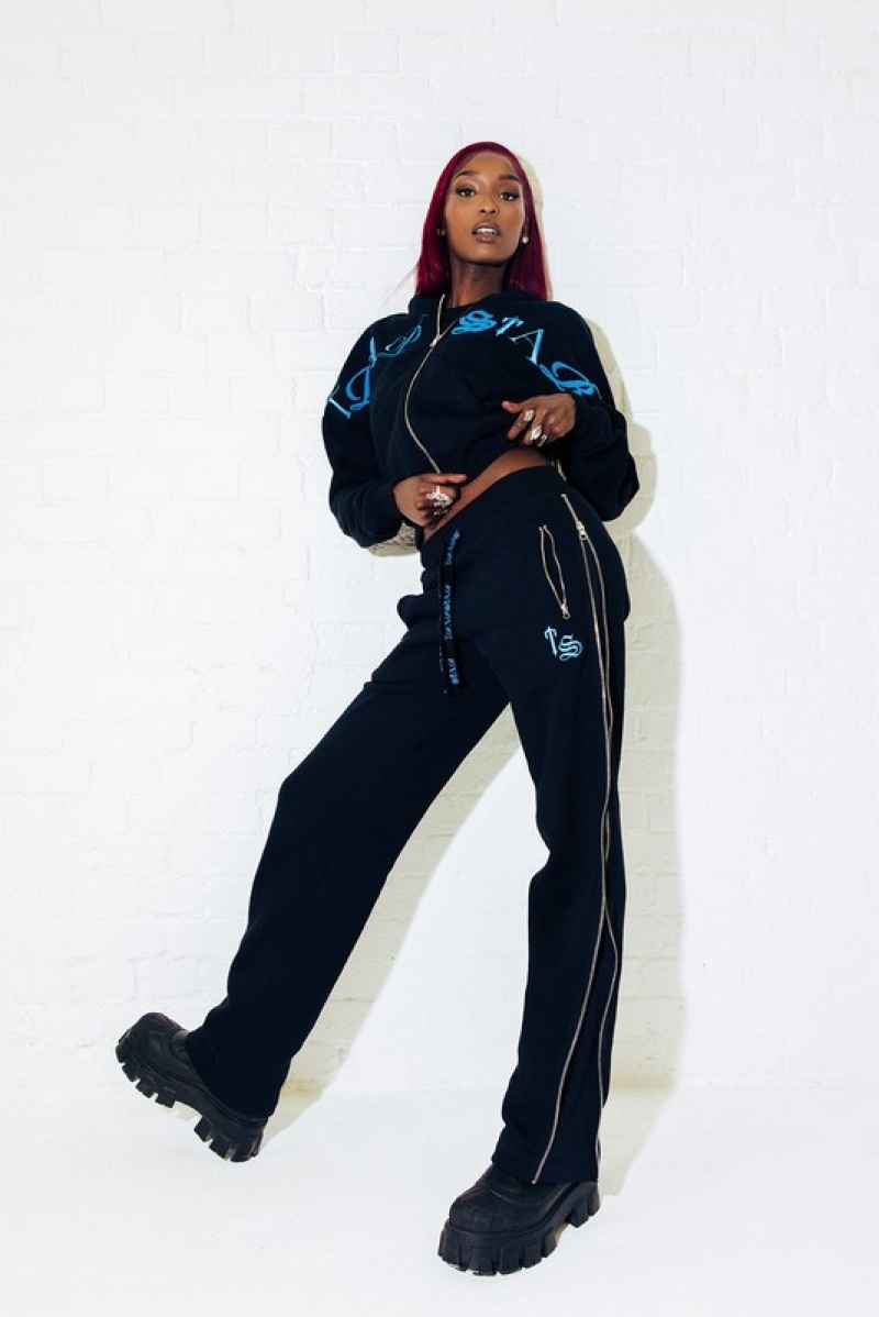 Women's Trapstar Script Zip Leg Joggers Black / Turquoise | USA-365498