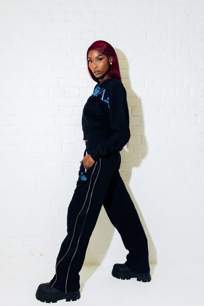 Women's Trapstar Script Zip Leg Joggers Black / Turquoise | USA-365498