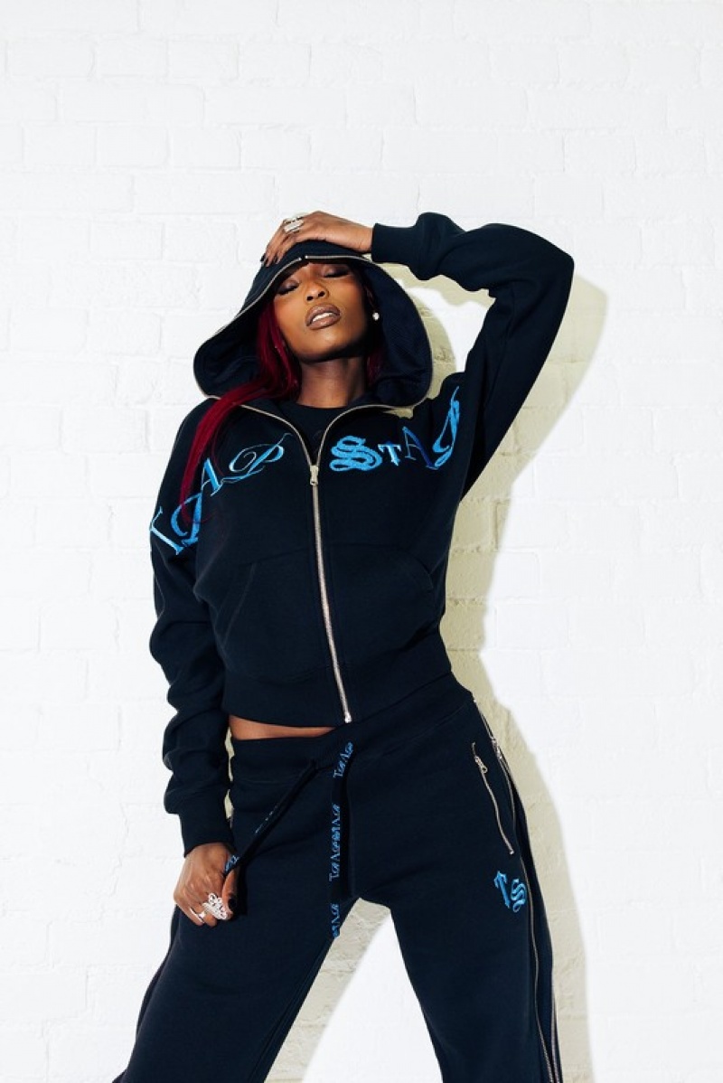 Women's Trapstar Script Zip Leg Joggers Black / Turquoise | USA-365498